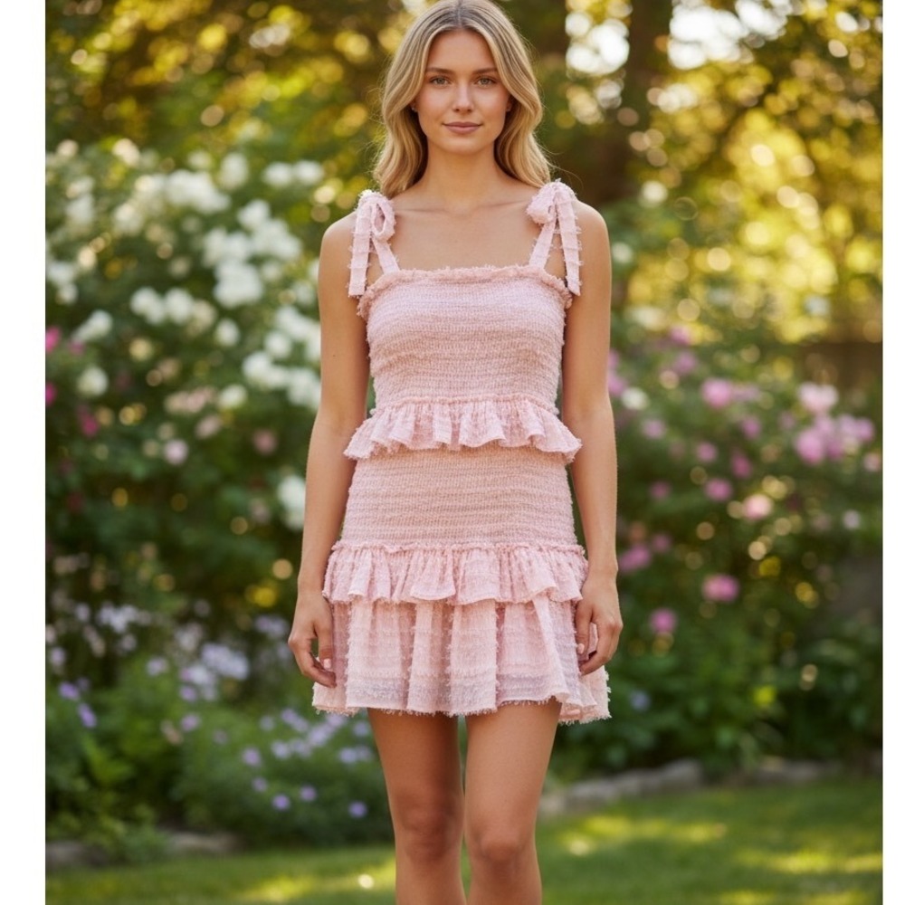 Baby Pink Smocked Mini Dress Women Large Pink Excellent Ruffle Tie Strap Fringe